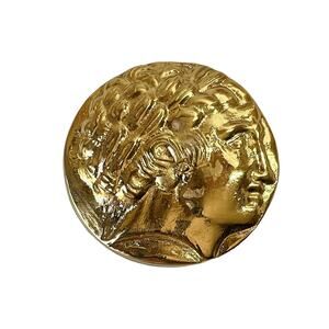 1980s Les Bernard Gold Plate Etruscan Revival Greek Roman Coin Jewels Scarf Clip